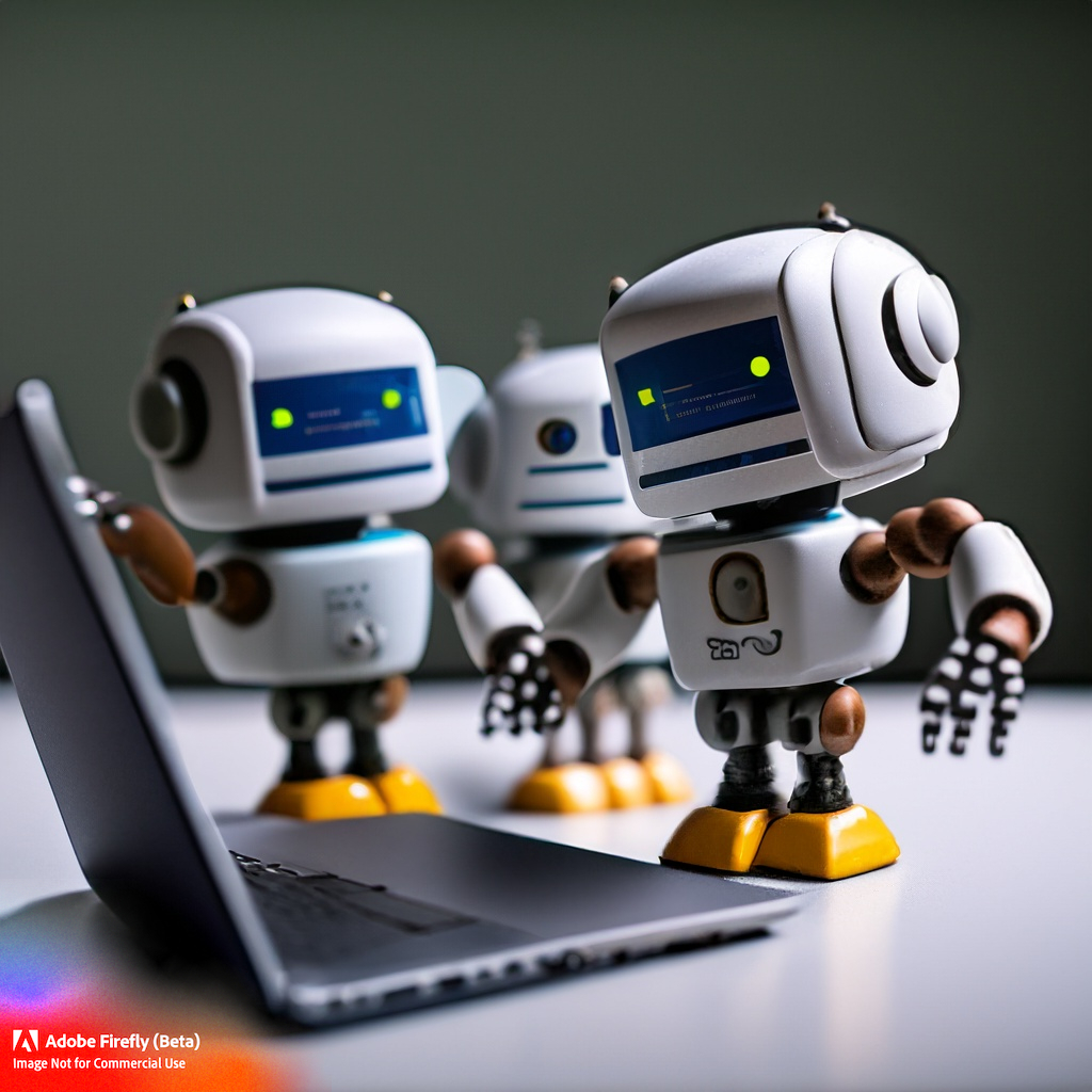 robots standing around a laptop on a desk
