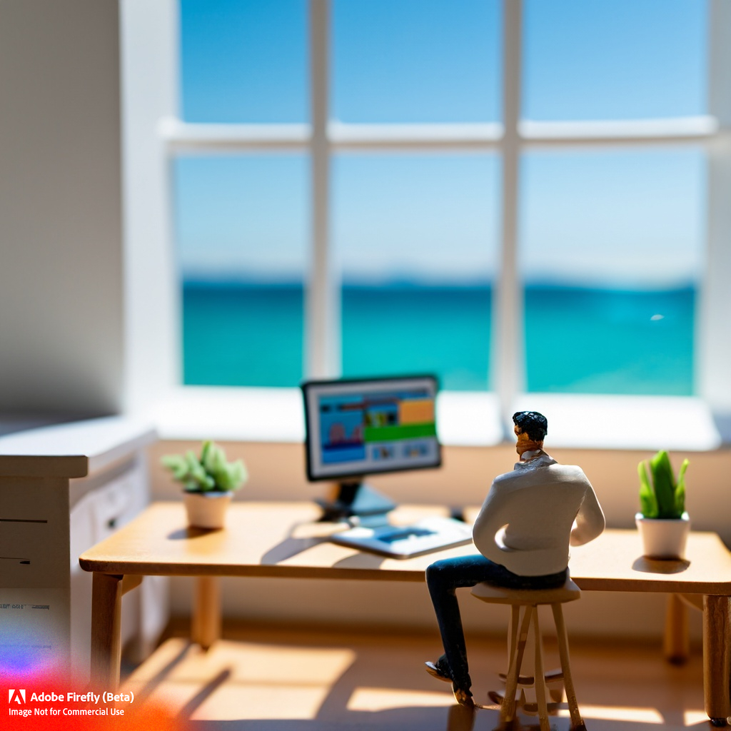 web developer sitting at a desk overlooking the ocean