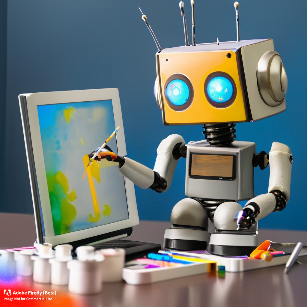 a toy robot artist painting a glass computer screen