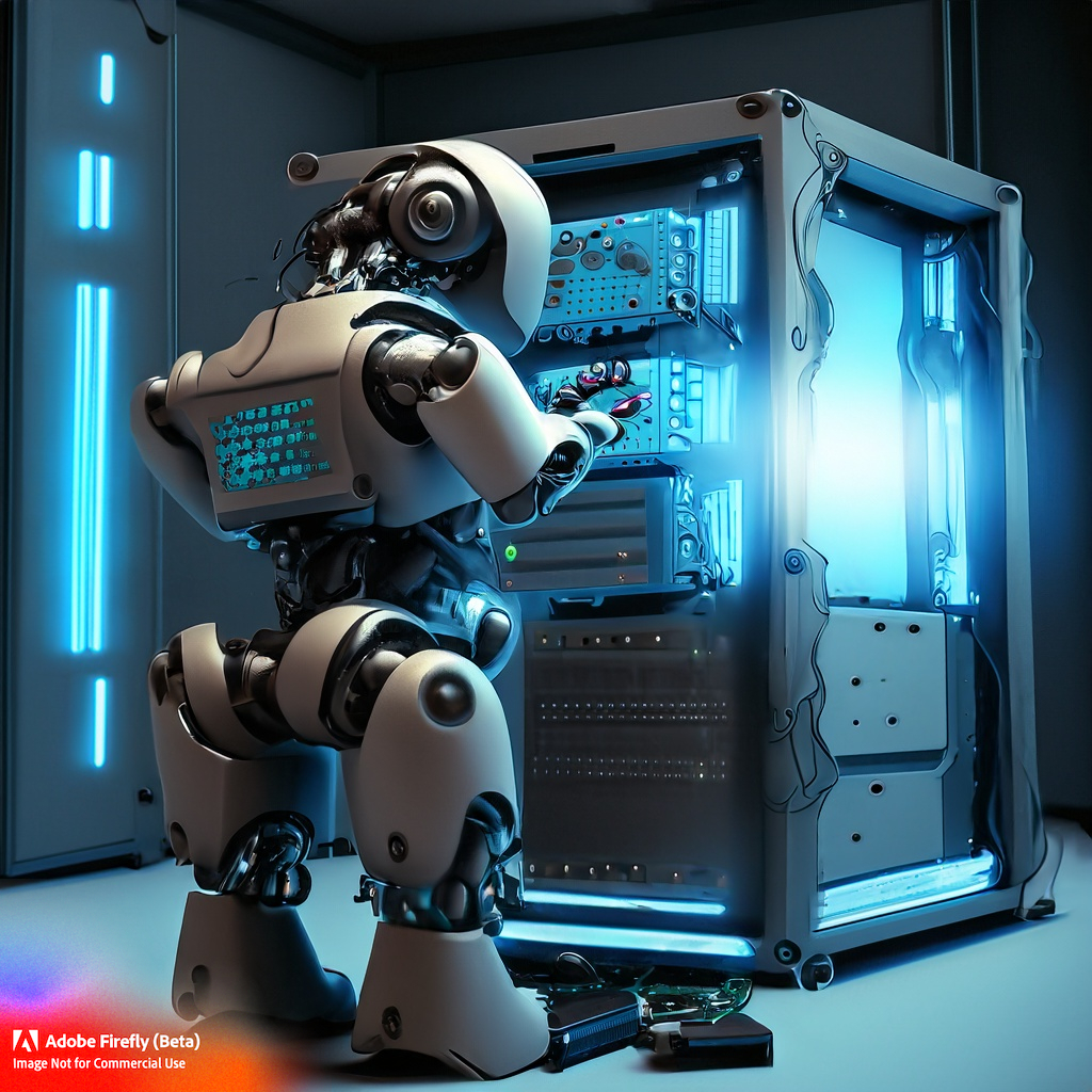 a robot mechanic fixing a server