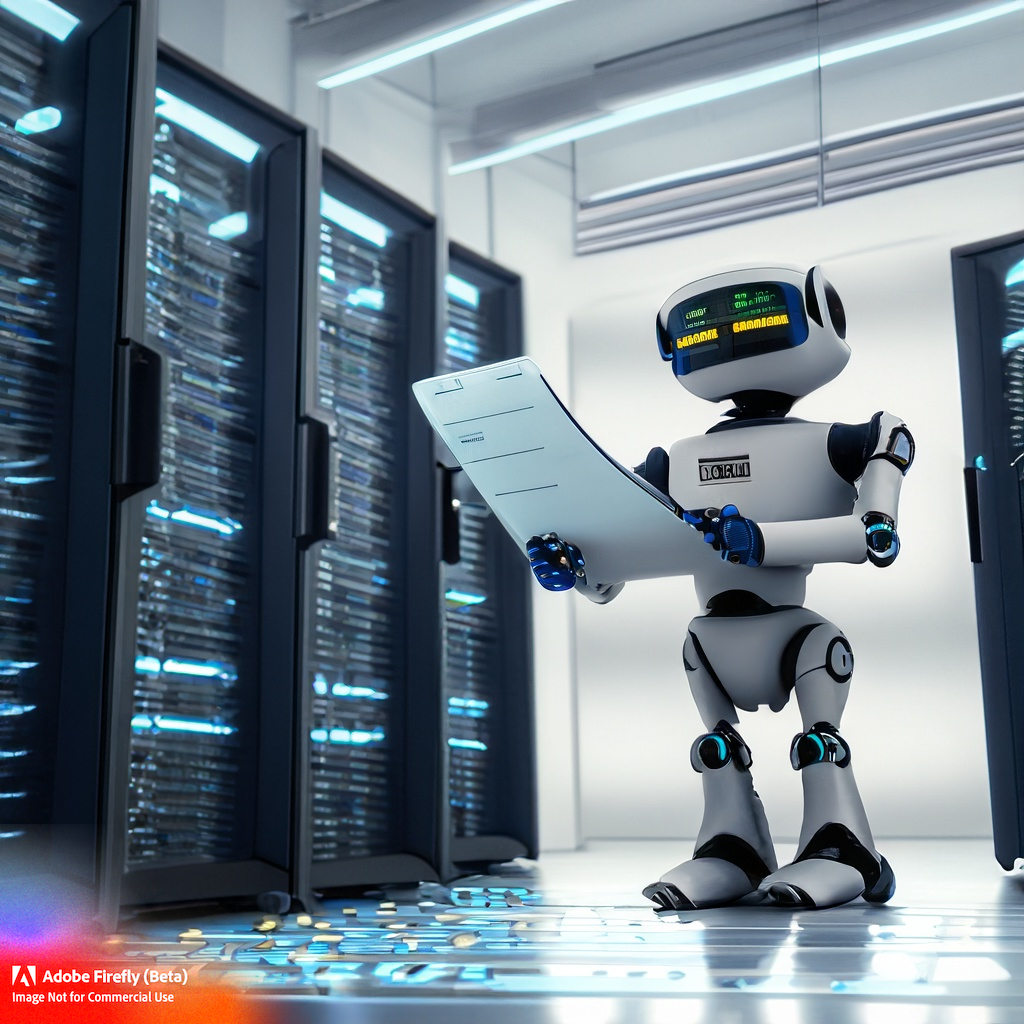a robot in a server room going through a security checklist
