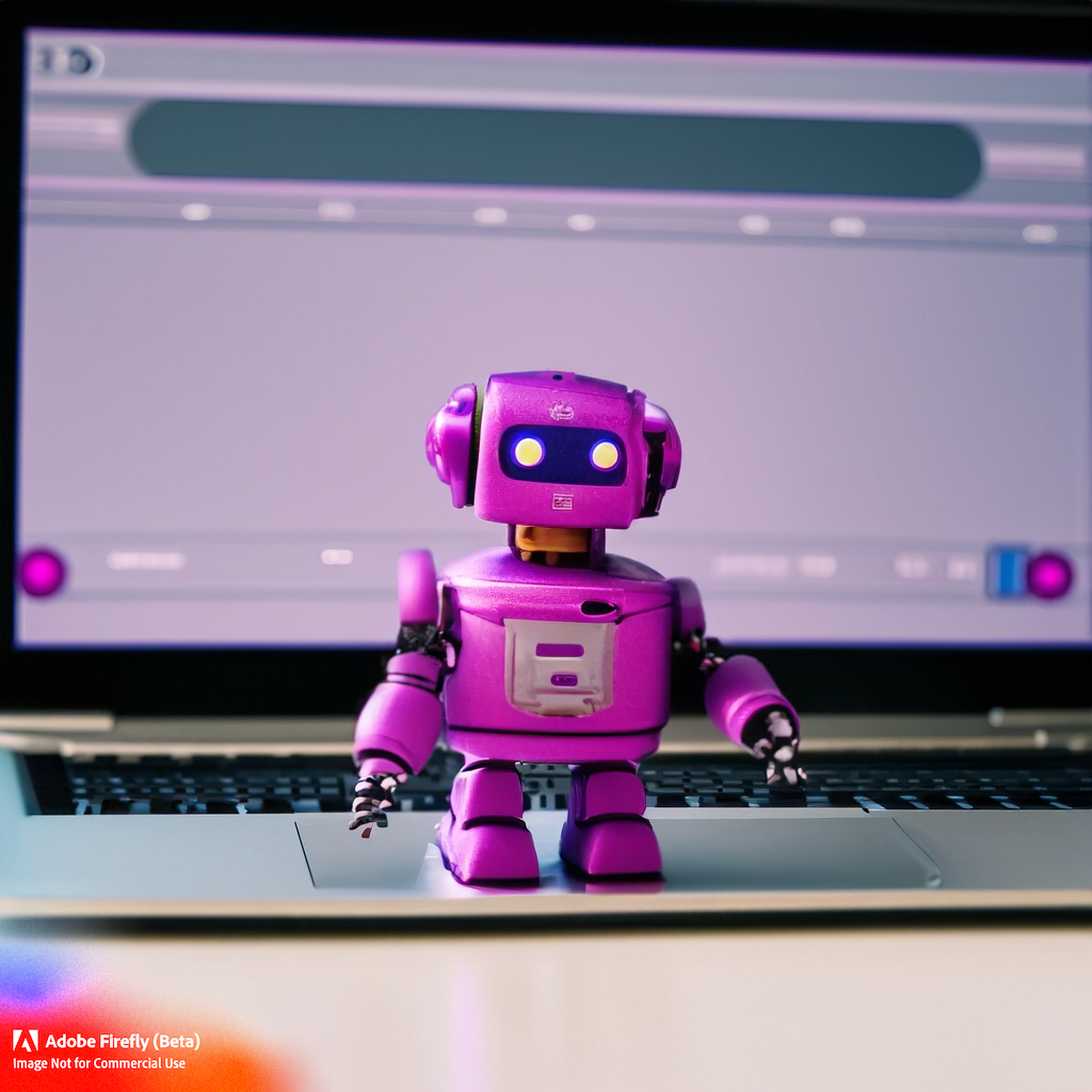 pink and purple toy figure robot standing on a laptop website on the screen