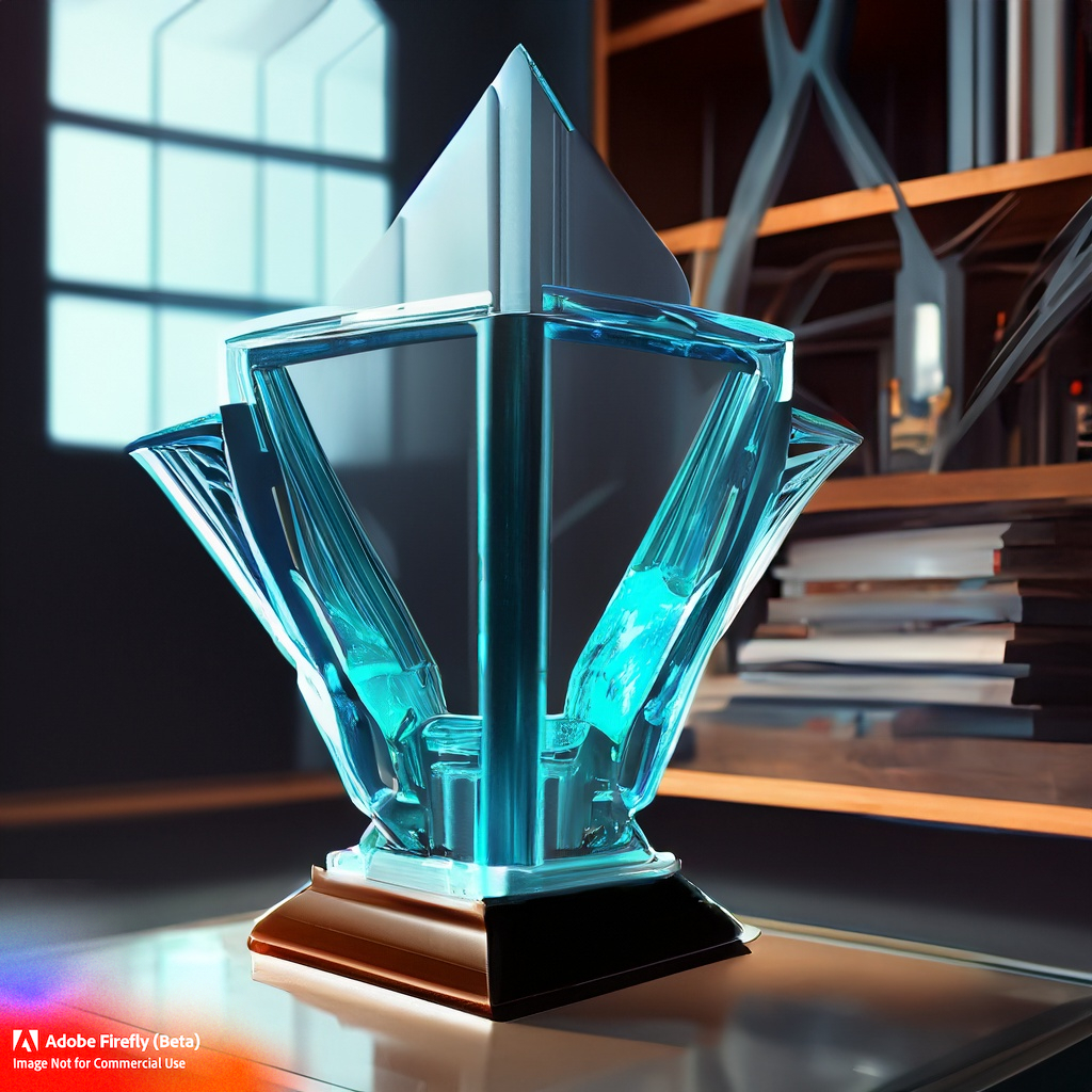 a futuristic glass trophy on a bookshelf